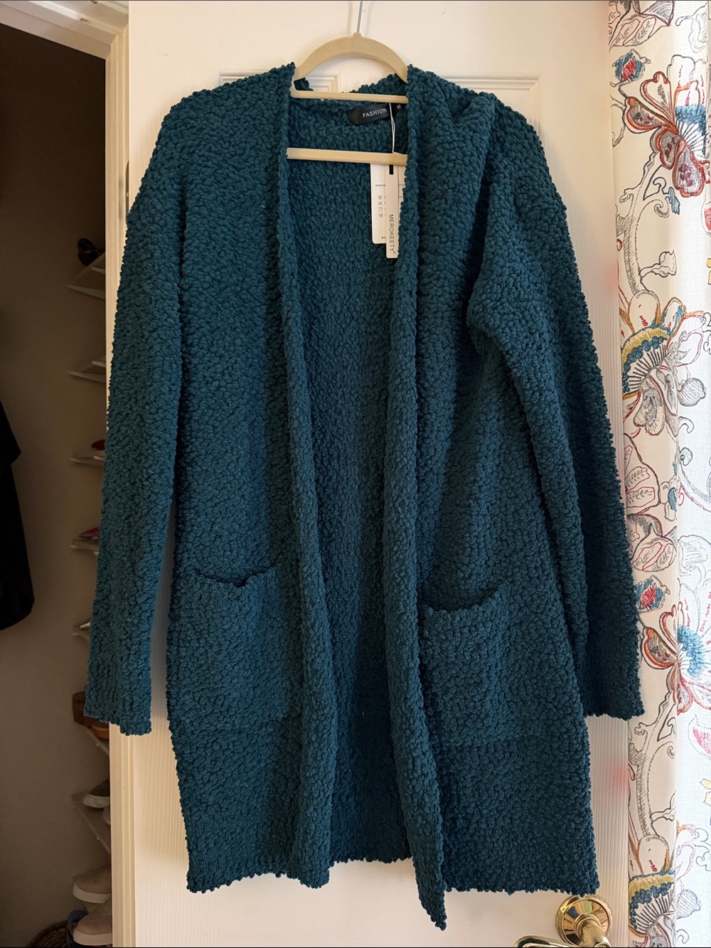Cozy Teal Bouclé Open-Front Cardigan with Pockets